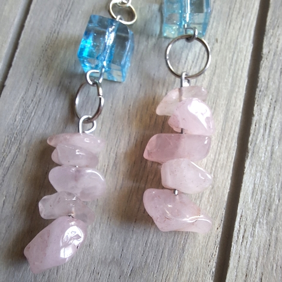 Rose Quartz Pink and Blue Silver Dangle Earrings Pastel Soft Boho Artsy Gifts - Picture 2 of 4